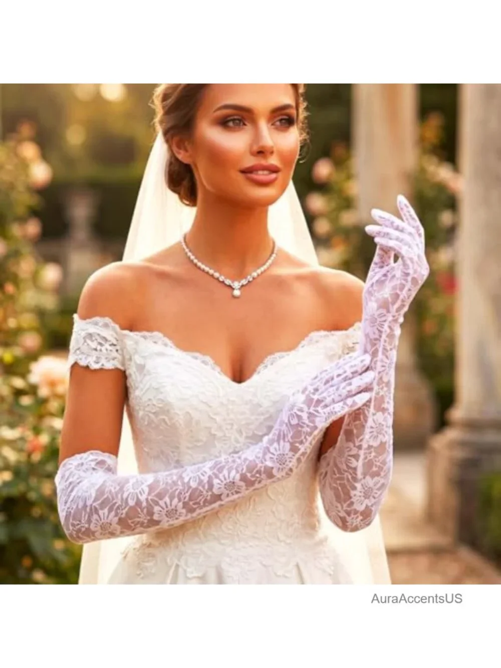 Campsis White Lace Gloves for Women Bridal Wedding 1920s Floral Long Opera